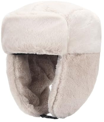 WUODHTW Wintermütze Uschanka, russische Trappermütze, warm, volle Kapuze, Ohrenklappe, winddicht, flauschig, Skimütze, Plüsch, Radmütze, hellbeige, Einheitsgröße