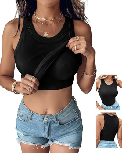 CHICME Women Built-in Bra Tank Tops Sleeveless Casual Shirts Racerback Ribbed Fitted Tank Tops