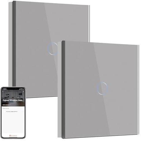 BSEED Smart ZigBee Interrupteur d'éclairage, Smart Interrupteur Mural Compatible avec Alexa et Google Home, Interrupteur Encastré 1 Gang 2 Voies Gris (Hub Requis) 2 Pièces