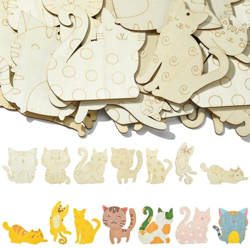 Stiesy 40 sagome in legno non finite a forma di animale per fai da te in legno carino gattino ornamento da appendere per albero di Natale da appendere per attività domestiche forniture per feste