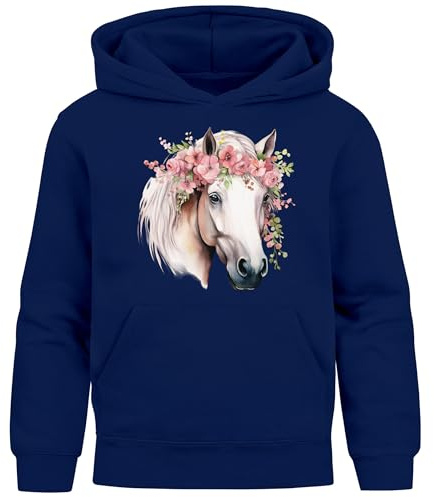 SpecialMe® Kinder Hoodie Mädchen Pferdekopf mit Blumen Mädchengeschenke Pferde Print Aufdruck Navy 152