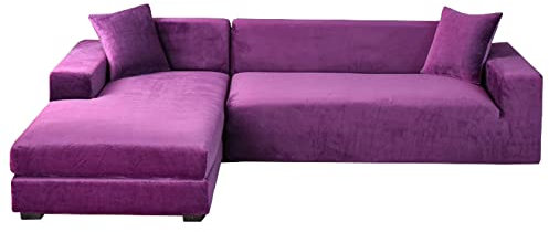 Samt-Abschnittsofabezug, 2-teilig, Stretch, L-Form, rutschfest, weich, Möbelschutz, violett, Ecksofa, 3 + 2-Sitzer