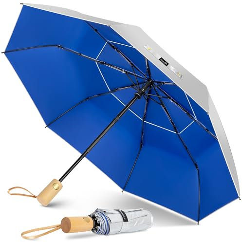 ZOMAKE UV Umbrella for Sun Protection UPF 50+,Sun Umbrella UV Protection,43 Inch Travel Compact Brolly Solar Blocking Reflective Windproof with Wooden Handle (Silver/Navy Blue Double Canopy)