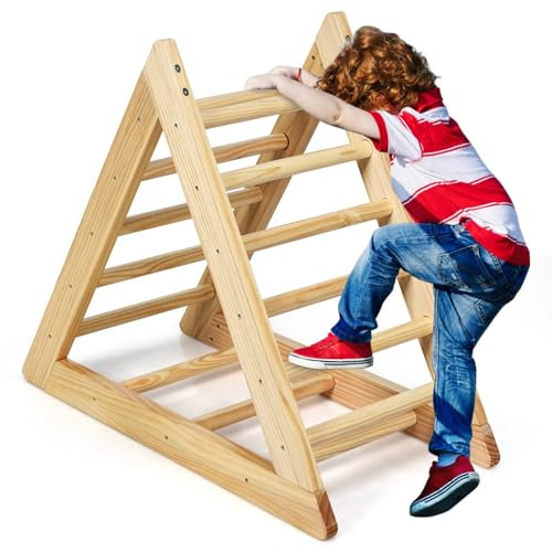 COSTWAY Triangle Escalade en Bois Enfants avec 3 Niveaux de Difficulté, Échelle d’Escalade pour Tout-Petits avec Structure Triangulaire & Surface Lisse, Charge 60kg pour Enfants de 3 Ans+