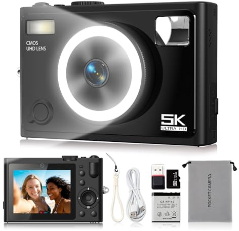 Fotocamera digitale 5K - 64MP Autofocus Beauty Camera con riconoscimento intelligente della pelle della luce ad anello a 360°, scheda SD da 32 GB che rende le riprese in luce scura senza