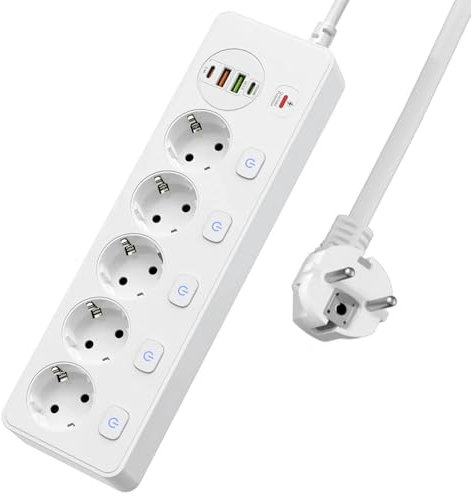 BOCHLION Multiprise avec 4 USB, 5 Prises Multiprise avec Interrupteur Individuel et Parafoudre, Prise Multiple Multiprises Murale avec PD20W et QC3.0, Câble 1.8m 3250W/13A pour Bureau Cuisine-Blanc