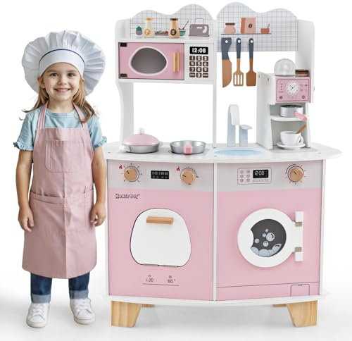 GYMAX Set Cucina in Legno per Bambini, Cucina Giocattolo per Bambini con Lavatrice e Macinacaffè, Accessori Dolci, Set Cucina per Bambini e Bambine dai 3 Anni in Su, 70 x 30 x 88 cm
