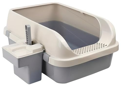 DIVCHI Cat Litter Tray Box, Litter Box, Plastic Cat Open Top Litter Tray with Scoop and Scoop Box Kitten Detachable Rim Easy Cleaning, 57.2 x 41.5 x 24.3cm (Grey)