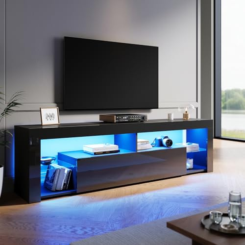 SONNI Mueble TV con Luz LED Ajustable de 12 Colores Sálon Negro con Mando a Distancia, Mesa TV Madera con Estantes Cristal 180cmx35cmx50.5CM