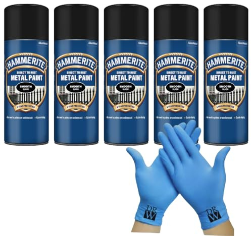 Hammerite Direct to Rust Metal Spray Paint Smooth Black 5X 400ml + Free Nitrile Gloves | Fast-Drying Aerosol, Durable Rust Protection for Indoor & Outdoor Metal