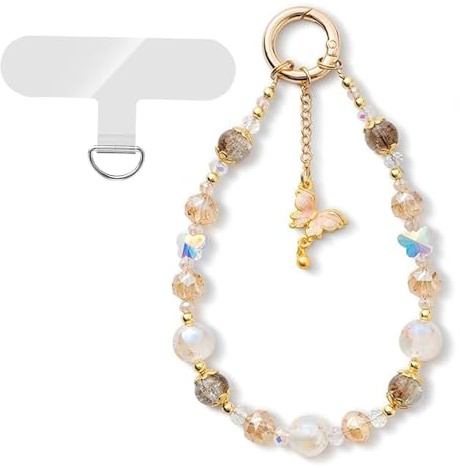 GUOYOU Chaine Telephone Portable Perle Dragonne Papillon pour Femmes | Lanyard Accessoire Telephone Poignet Court Bracelet Charm en Pierre Compatible avec des Smartphones pour Filles