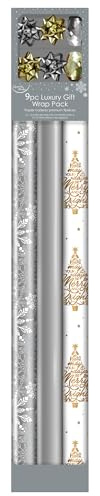 Traditional Christmas Metallic Silver & Gold Starburst Gift Wrapping Paper Pack – Festive Wrap Set with Rolls, Bows & Ribbon