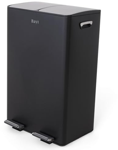 Bayt Poubelle Tri Sélectif 2 Bac 60L (2x30L) – Poubelle Cuisine 60 Litres à Pédale Inox | Poubelle Double Compartiment Anti-Odeur Soft Close pour Déchets et Recyclage Cuisine, Noir