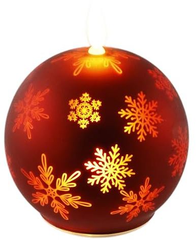 LED-Kugelkerze aus Glas mit Schneeflocken-Motiv und Timer 10cm LED-Kerze elektrisch Warmweiß Lichter Deko Adventskerzen Adventskranz Kranz Weihnachtsdeko Geschenkidee geruchslos tropflos flammenlos