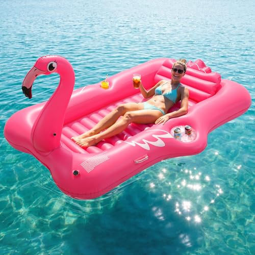 HeySplash Aufblasbares Sonnenbad, Flamingo Sonnenbad Liege mit Tassenhalter, Floaties für Erwachsene, aufblasbare Pools schwimmt mit Zwei Griffen abnehmbare Kissen für Strand Sommer (83x50In)