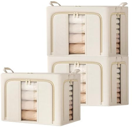 Clothes Storage Boxes with Lid,Upgraded 5.0mm Steel Frame Waterproof Fabric,3-Way Double Zipper Openings & 2 Clear Windows,Better Foldable Storage Boxes for Wardrobe Organiser Bedding Blankets Duvet
