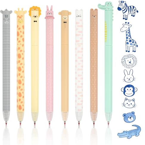 Zouwel Radierbare Stifte, Gelstifte Radierbar mit Tiermotiven (blue) | 8er Set Spitze Radierbarer Kugelschreiber für Schule & Bürobedarf