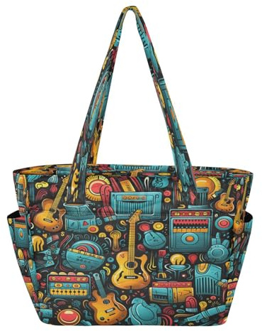 KAAVIYO Doodle Musik Instrument Kunst Strandtasche Reisetasche Damen Tragetasche Einkaufstasche für Mädchen