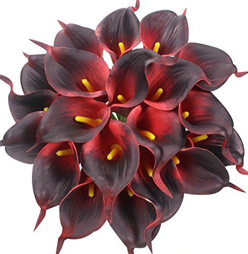 Duovlo 20 x Calla-Lilien, Brautstrauß, Hochzeitsstrauß, Lataex, fühlt sich echt an, künstliche Blumen, Heimdekoration, Party-Dekoration (dunkelrot)