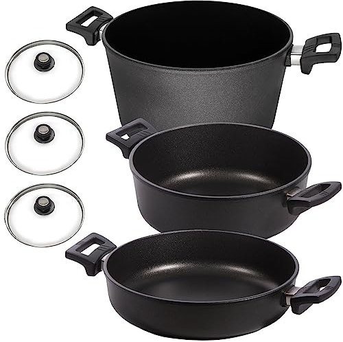 Eurolux Topf-Set Induktion Aluguss beschichtet 6-tlg. - große Guss-Kochtöpfe inkl. Kasserolle & Schmortopf mit Deckel 28/32/32 cm (Edelstahlrand) - Made in Germany