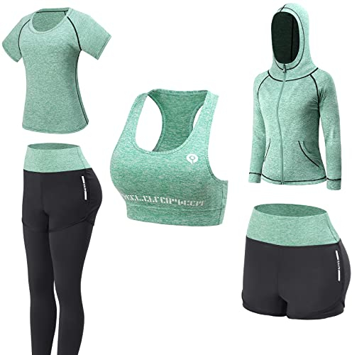 JULY'S SONG Yoga Kleidung Anzug 5er-Set Trainingsanzug Laufbekleidung Gym Fitness Kleidung (Grün, M)