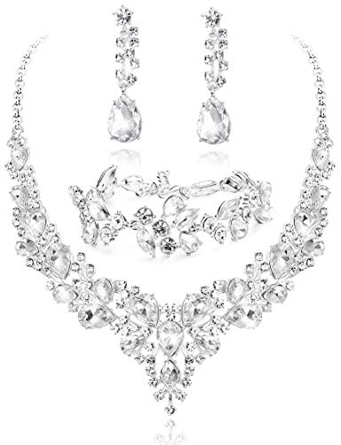 LOYALLOOK Teardrop Cluster Rhinestone Crystal Bridal Jewelry Set for Women