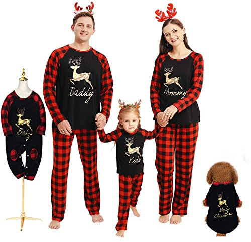 Borlai Ensemble de Pyjamas de Noël Assortis pour la Famille Ensemble de Pyjamas à Carreaux de Noël pour Animaux de Compagnie