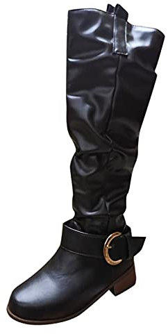 Stivali Alti Pelle Stivaletti Invernali Stivali da Neve Stivali Donna Moda Stivali al Ginocchio Stivali da Equitazione Tacchi Spessi Scarpe in Pelle (35,Nero)
