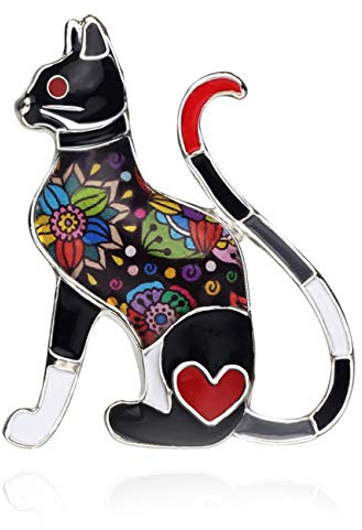 DOWAY Broche en émail motif chat floral pour femme (ébène)