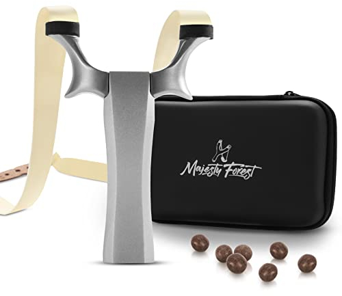 MAJESTY FOREST® Profi Steinschleuder Set „Hawk“ - Schleuder Zwille für Sport und Outdoor - Slingshot Bundle mit Tasche, Tonkugeln, Starke Gummibänder und E-Book