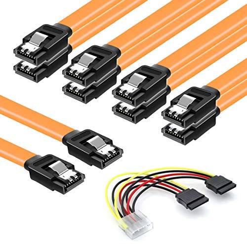 COCOMK SATA Cables III, SSD Data Cable 6.0 Gbps & SATA Power Splitter Cable 4 Pin to Dual 15 Pin Hard Drive Connection Cables Compatible with SATA Connectors 6 Pack (Yellow)