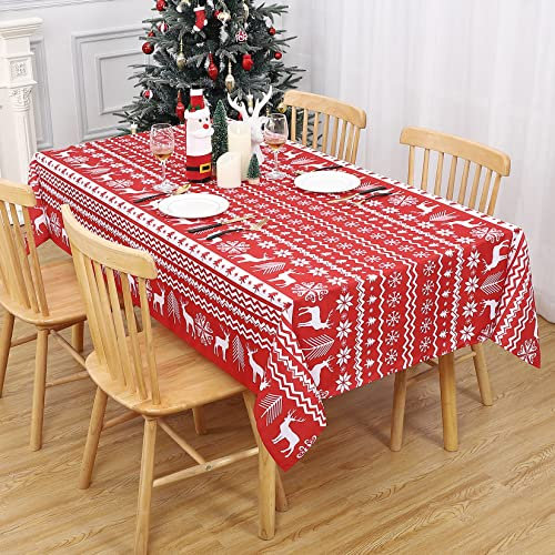 LinTimes Weihnachtstischdecke, Weihnachtsmotiv, Rentier, Schneeflockendruck, Tischdecke, Tischdecke für Weihnachtsessen, Party, Küchendekoration, 132 x 132 cm, Rot