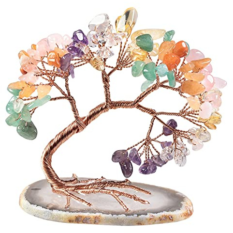 KYEYGWO Rainbow Crystal Money Tree with Agate Slice Base | 3 Inches Crystal Bonsai Tree, Home Office Feng Shui Decor, Attract Money Wealth Good Luck, Housewarming Gift for Women Men