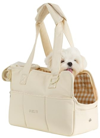 ONECUTE Dog Purse Carrier for Small Dogs Rabbit cat with Large Pockets, Cotton Bag, Dog Carrier Soft Sided, Collapsible Travel Puppy Carrier (Beige, 13.6 L x 6.5 W x 10 H)