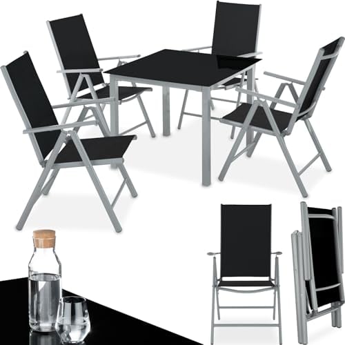 TecTake® Salon de Jardin Exterieur en Aluminium 4 Fauteuil Jardin Inclinables Pliables, 1 Table de Jardin en Verre de sécurité, Facile d'entretien, Mobilier pour Amenagement Balcon Terrasse