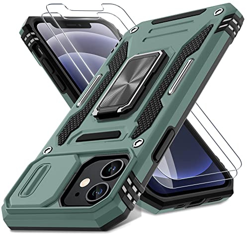 DEERLAMN for iPhone 12 Case,iPhone 12 Pro Case with Slide Camera Cover+Screen Protector(2 Packs),Rotated Ring Kickstand Military Grade Shockproof Protective Cover-Green