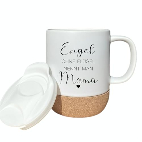 Manufaktur Liebevoll I Tasse Mama Geschenk Kaffeetasse Keramiktasse mit Kork Boden & Deckel Spruch Tasse Mama | Kaffeebecher Geburtstag Muttertag Danke Geschenk Weihnachten (Engel Mama)