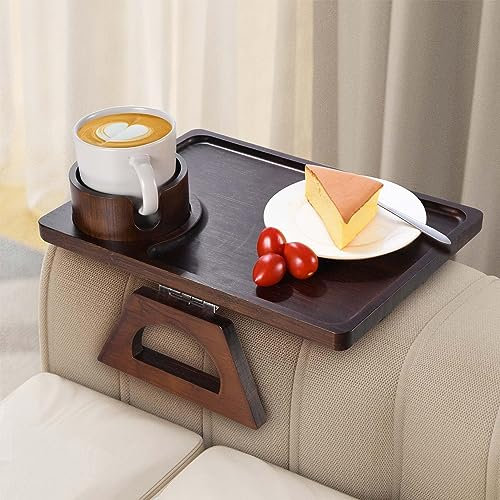 Bandeja para Brazo de Sofá, Mesa de Brazo con Portavasos, Bandeja Plegable para Reposabrazos en SofÃs Anchos para Comer, Bebidas, Snacks, Mando a Distancia, Sin Instalación (Marrón)