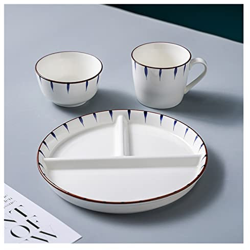 Weight Management Tableware - 9 inch Bamboo Trays Ceramics Compartment Dessert/Salad Plates,3 Section Compartment Divided Plates, Platter, Salads, Noodles, Burgers, Oatmeal, Breakfast Tableware Set (