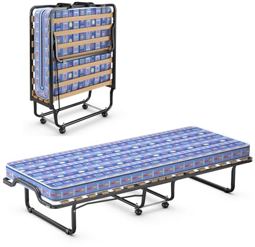 COSTWAY ☀️80x200cm Gästebett Klappbar, Faltbares Faltbett mit Matratze aus Rückstellschaum, Klappbett mit stabilem Stahlrahmen, bis 120kg, Metallbett auf Rädern, für Gästezimmer Camping (Blau)