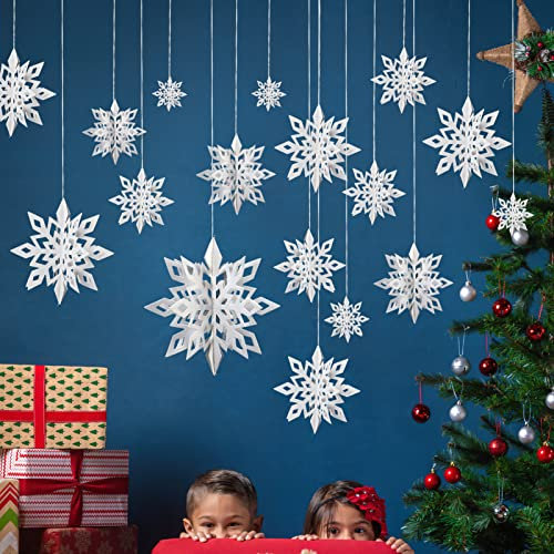 RLAVBL 3D weiße Schneeflocken Weihnachtsschmuck, 15 Stück Papier Schneeflocken Anhänger, perfekt für Weihnachtsbäume und Partys