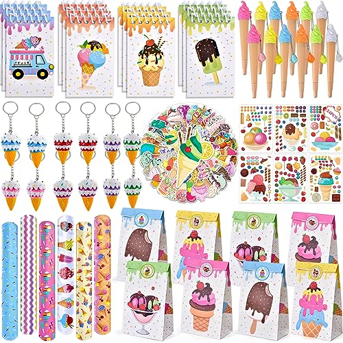 Tacobear 122Stk Eiscreme Mitgebsel Kindergeburtstag Mädchen mit Mini Notizbuch Stifte Schlüsselanhänger Schnapparmband Aufkleber Kinder Geschenktüten Sticker Eiscreme Party Give Aways Gastgeschenke