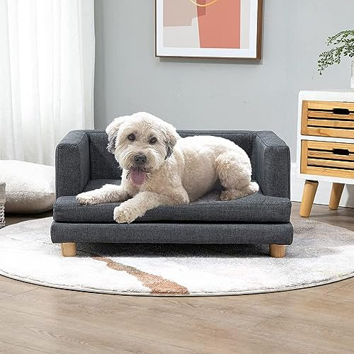 Urkitd Dog Sofa Bed Lounge, Pet Bed Couch for Small & Medium Dog Cat, Cat Lounger Puppy Bed, Kitten Lounge with Soft Cushion Washable Cover Wooden Frame, Dark Grey
