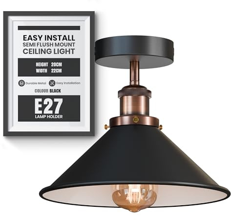 Black, White inner Semi Flush Ceiling Light 22cm Metal Cone Shade Hardwired | E27 vintage close to ceiling light fitting easy fit industrial for kitchen bedroom hallway living room office without bulb