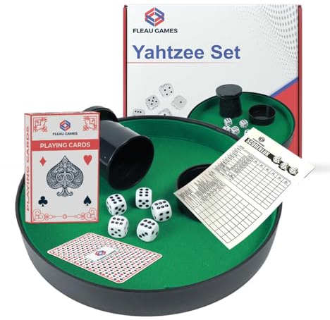 Fleau Games Yahtzee-Set – Würfeltablett – 100 Punkteblätter – Würfelset – Brettspiel – Pokerbahn – Würfelspiel (Würfelset mit Kartenset)