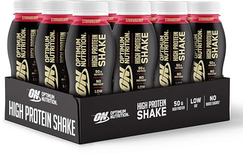 ON High Protein Shake Bottles, Ready To Drink Healthy Snacks, No added sugars, low fat, Post Workout Snack for Men and Women, Strawberry Flavour, 12x500ml, Packaging may vary