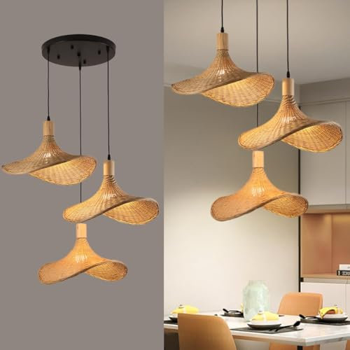 DHGIE Suspension Luminaire Bambou Industriel - Plafonnier en Osier Naturel Vintage avec Culot Noir E27*3 - Abat-Jour en Rotin pour Salle À Manger, Cuisine, Salon