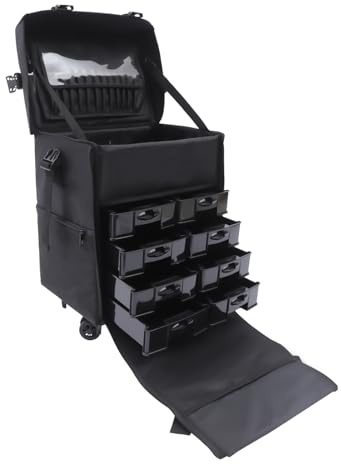 Kosmetikkoffer Trolley 2 in 1 - Professioneller Make-up Koffer, Schminkkoffer, Nagelkoffer, Beauty Case, Friseur Box mit Universalrädern und Verbindungsschnalle, Schwarz