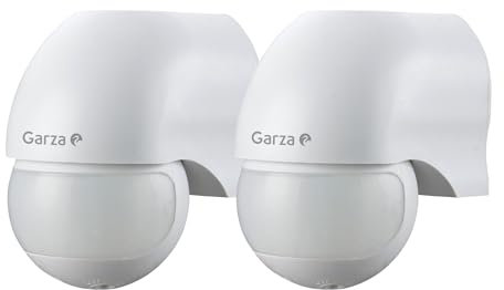 Garza -Pack 2 Detector de Movimiento por Infrarrojos para Interior y Exterior, protección IP44, Tiempo y luminosidad Regulables, ángulo detección 180º, Blanco