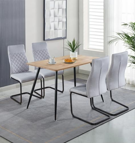 Hallowood Furniture Cullompton Dining Table and Chairs Set 4, Brown Oak Effect Top Small Rectangular Kitchen Table and 4 Chairs in High Back, Grey Fabric Upholstery and Metal Legs for Home & Café